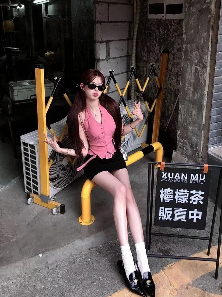 STRIVE/Yumiko Fat mm Sweet Hot Girl Backless Halter Vest Female Summer Pure Desire Slim Fit Hip Skirt Suit