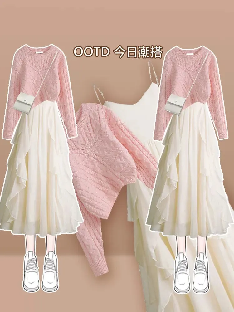style high-end sweater dress autumn and winter French long skirt female design suspender skirt temperament suit skirt