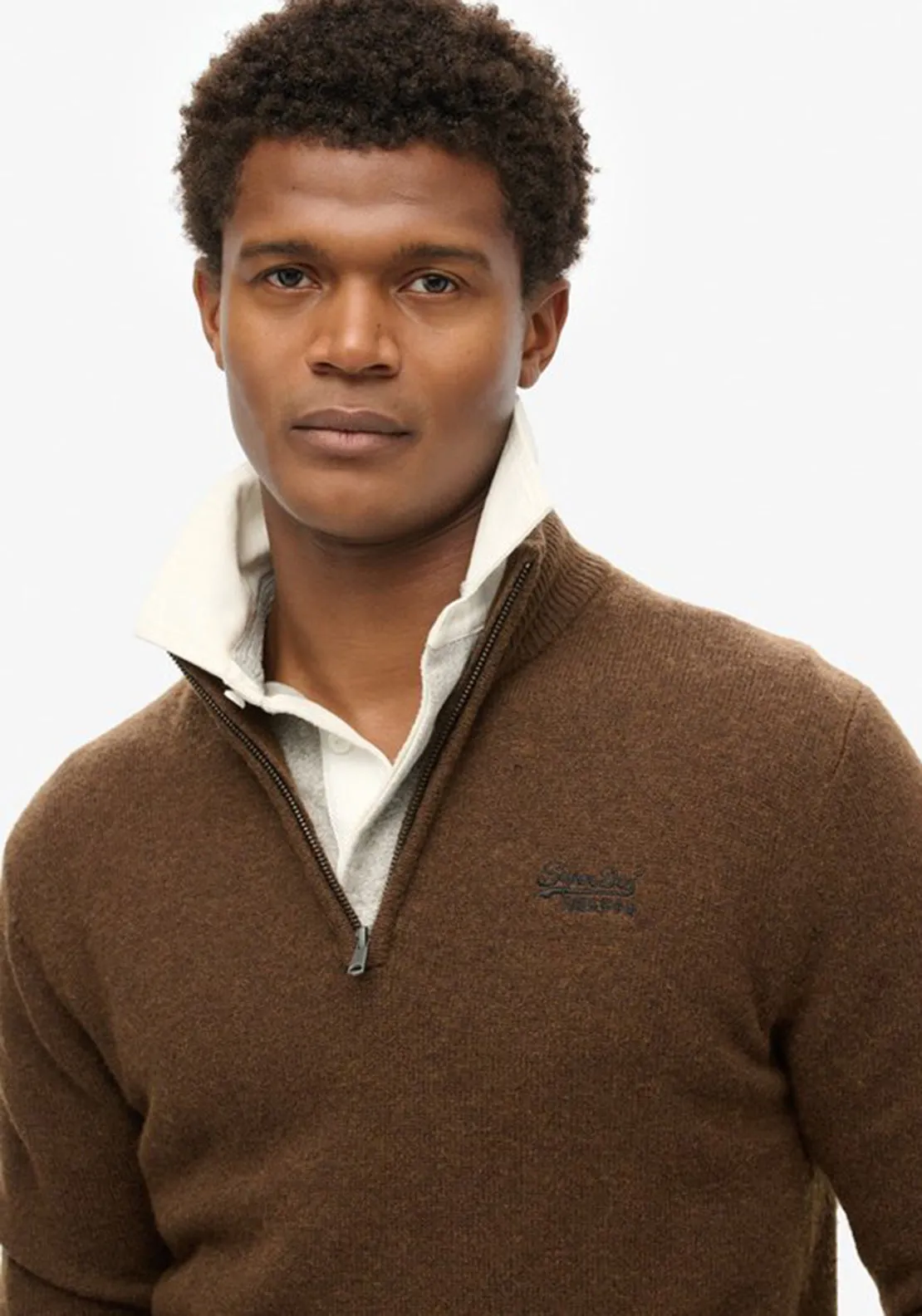 Superdry Essential Embroidered Knit Quarter Zip Sweater, Woodland Brown