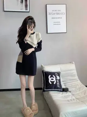 Sweater dress women's 2023 autumn new French style high-end temperament fashionable casual knitted long-sleeved skirt (B2618)
