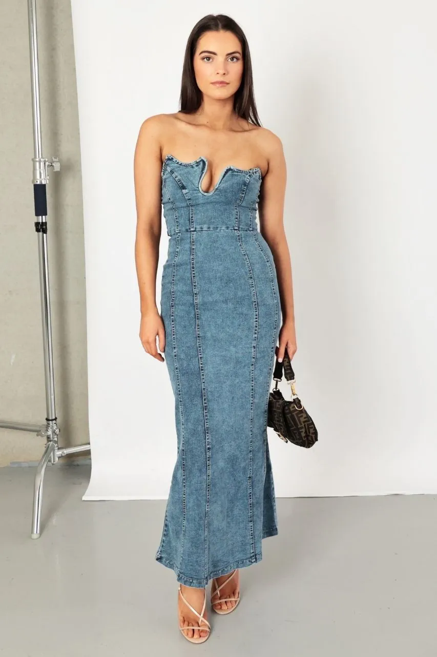 Tahani Dress - Denim Strapless Midi Dress