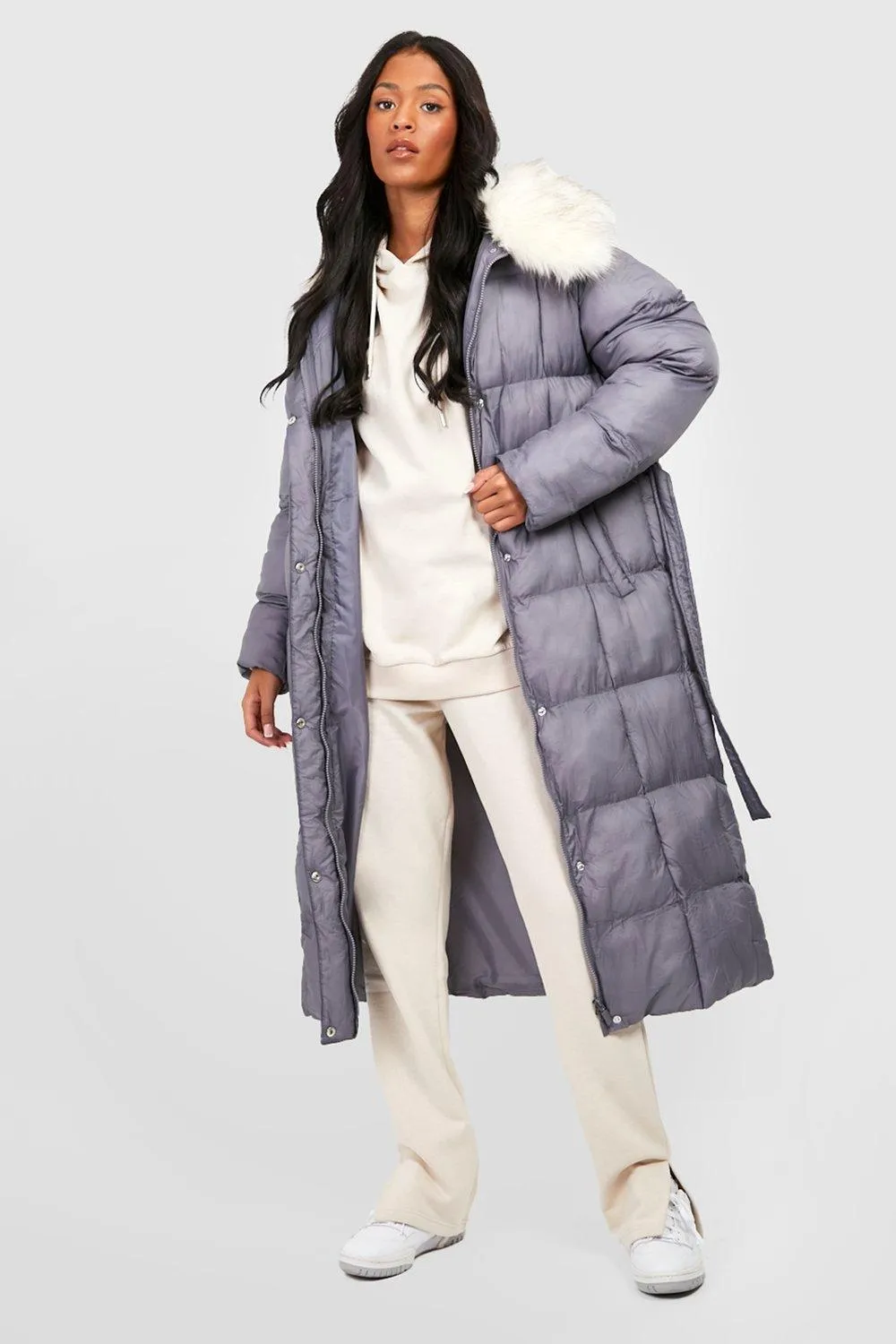 Tall Faux Fur Collar Longline Puffer