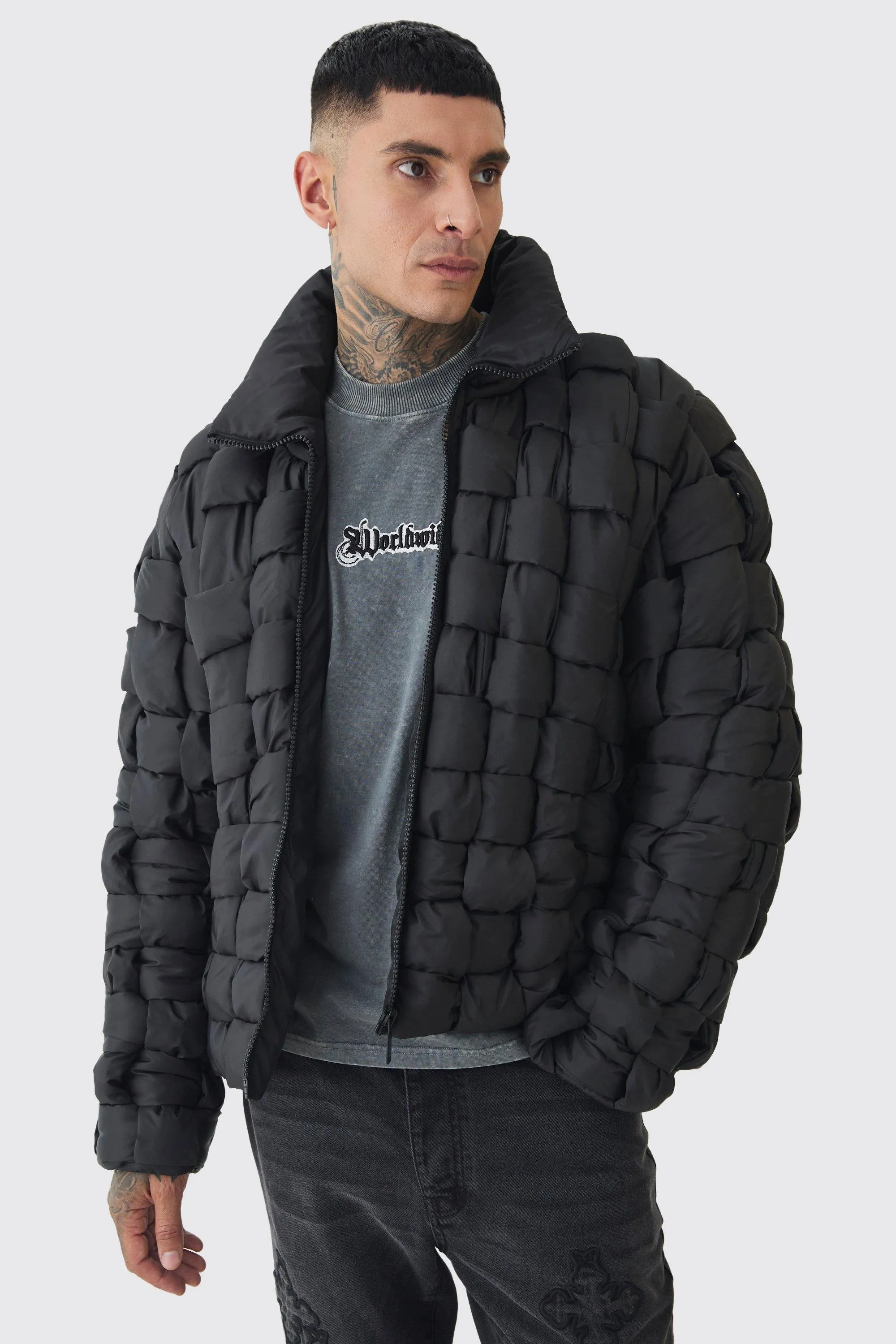 Tall Hand Weft Nylon Puffer Jacket In Black