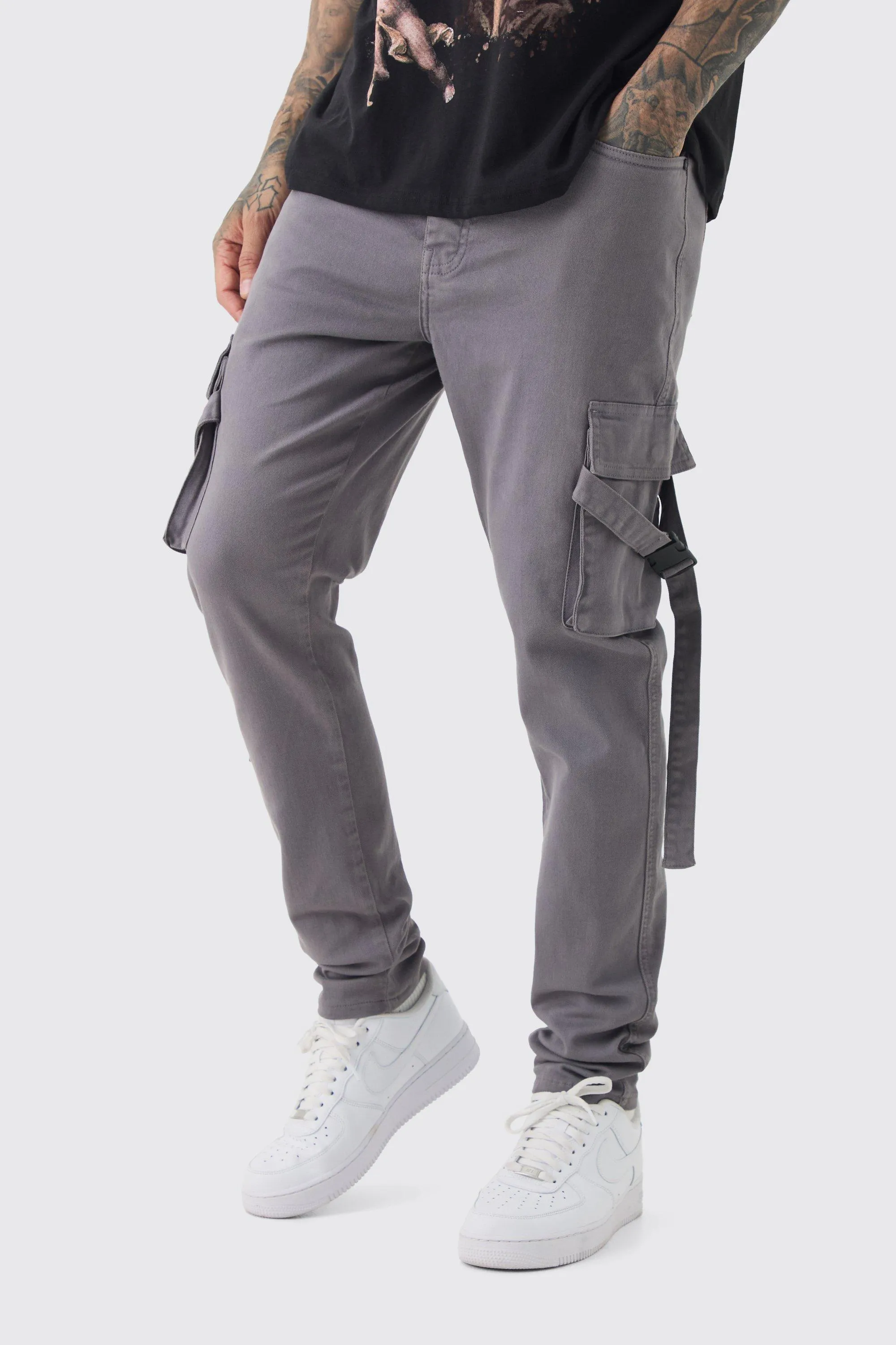 Tall Skinny Overdyed Strap Detail Cargo Pants In Charcoal
