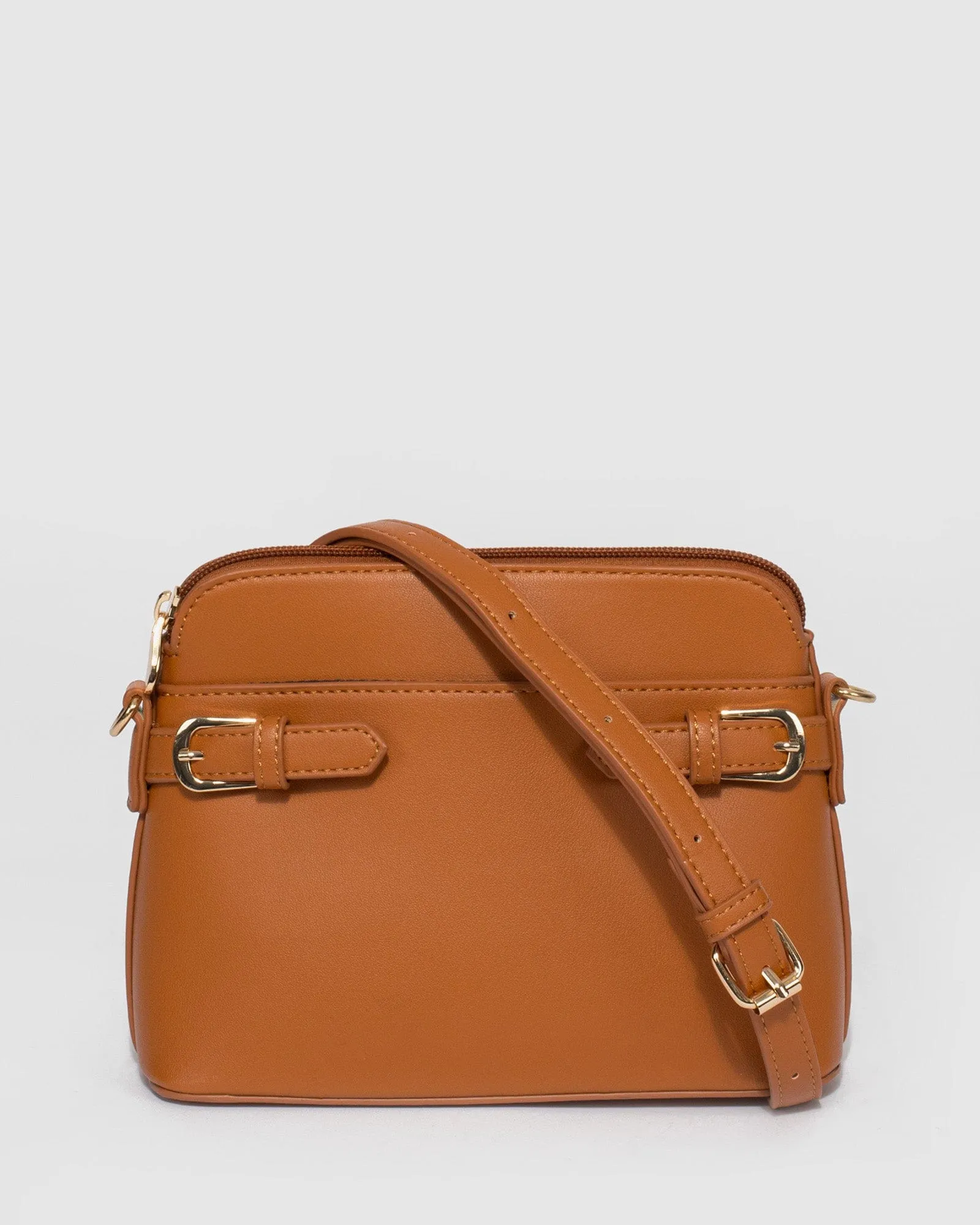 Tan Karen Buckle Crossbody Bag