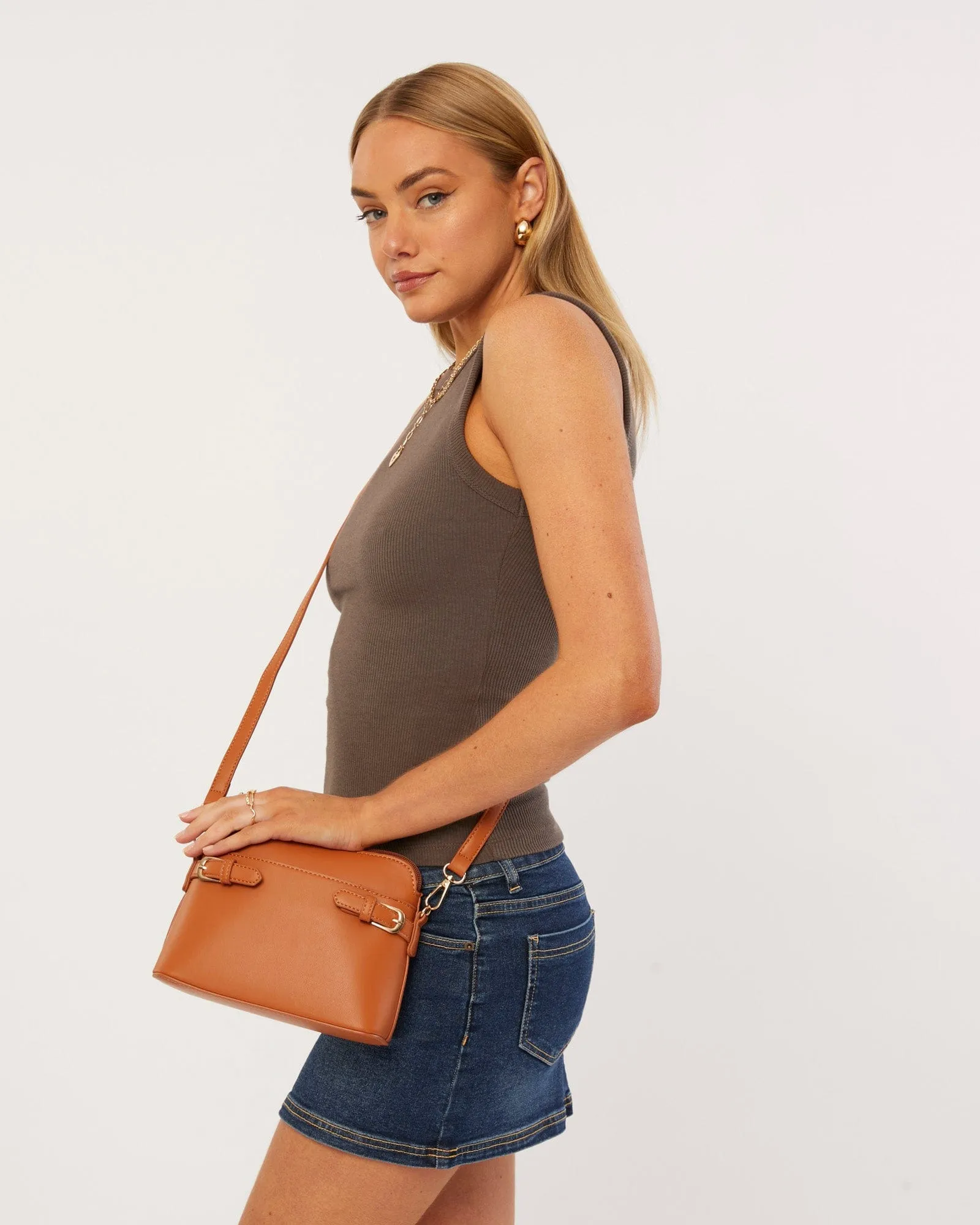 Tan Karen Buckle Crossbody Bag