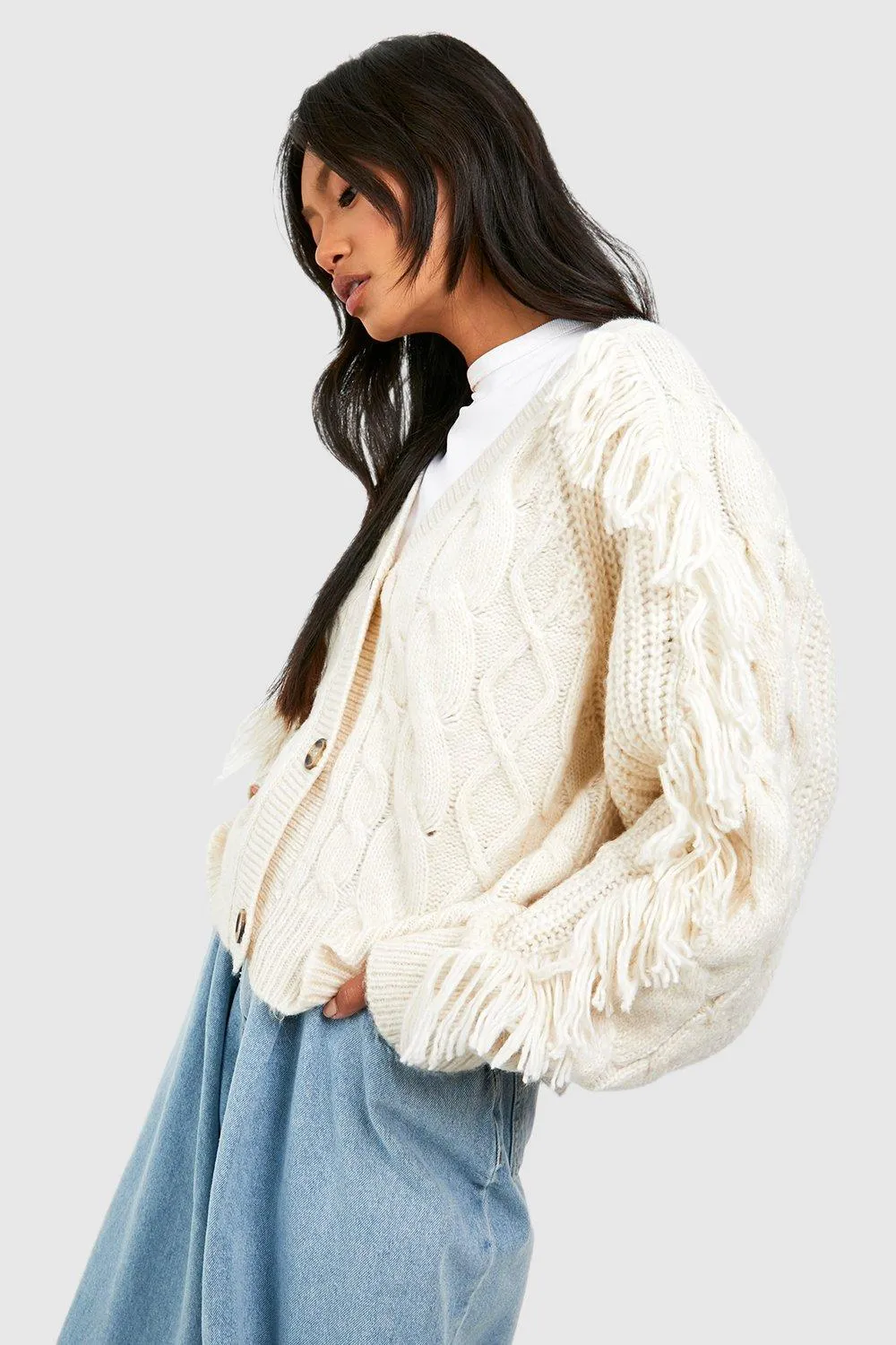 Tassel Sleeve Cable Knit Crop Cardigan