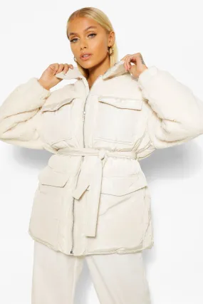 Teddy Faux Fur Mix Belted Puffer Jacket