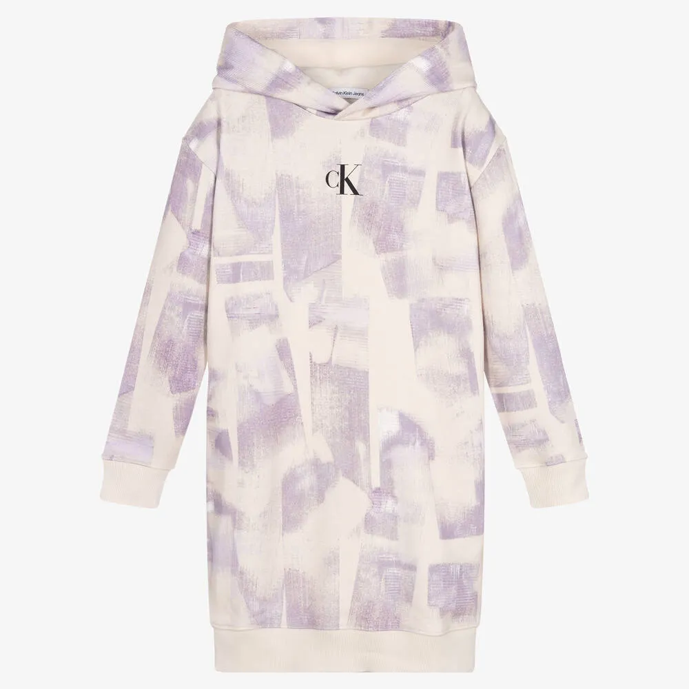 Teen Girls Beige & Purple Cotton Hoodie Dress