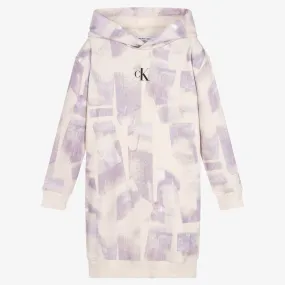 Teen Girls Beige & Purple Cotton Hoodie Dress
