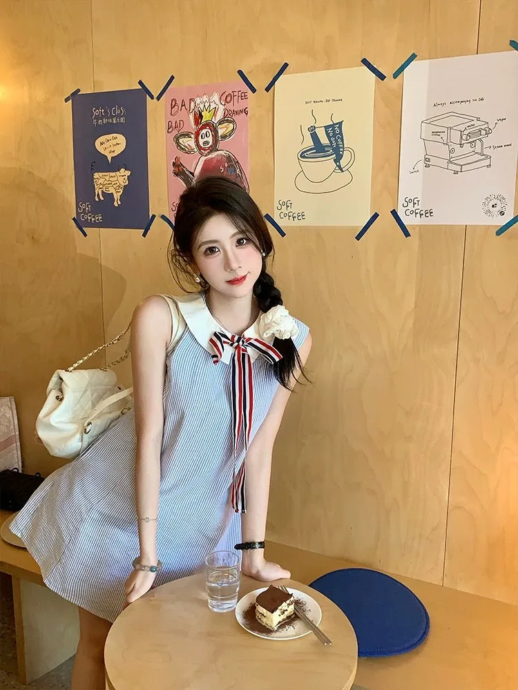 The suan kawaii striped vest dress for women petite tb blue temperament short skirt doll collar