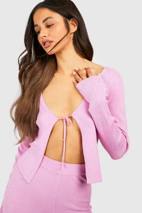 Tie Front Long Sleeve Rib Knit Cardigan