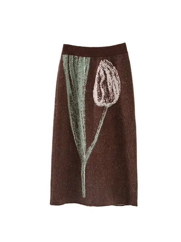 Tulip Contrasting Color Knitted Cardigan & Skirt