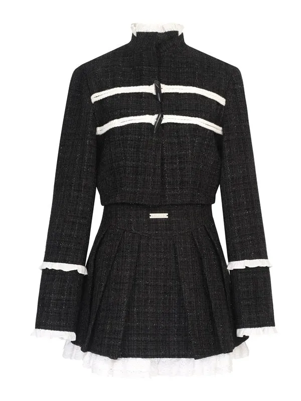 Tweed Stand-Collar Cropped Jacket ＆ Lace Stitch Short Pleated Skirt