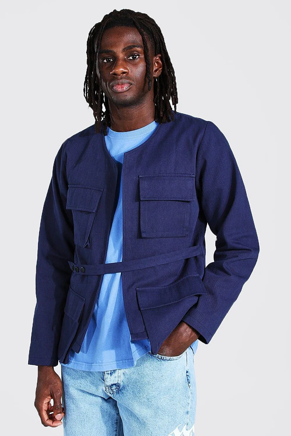 Twill Utility Pocket Jacket With Belt Detail | boohooMAN UK