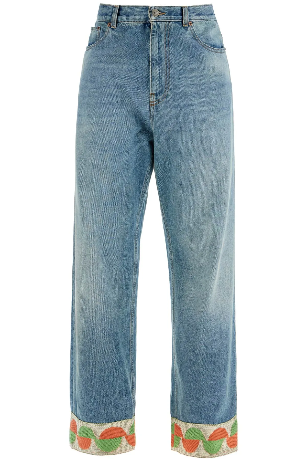 Valentino Garavani Medium Blue Denim Jeans With Decorative Green And Orange Trim