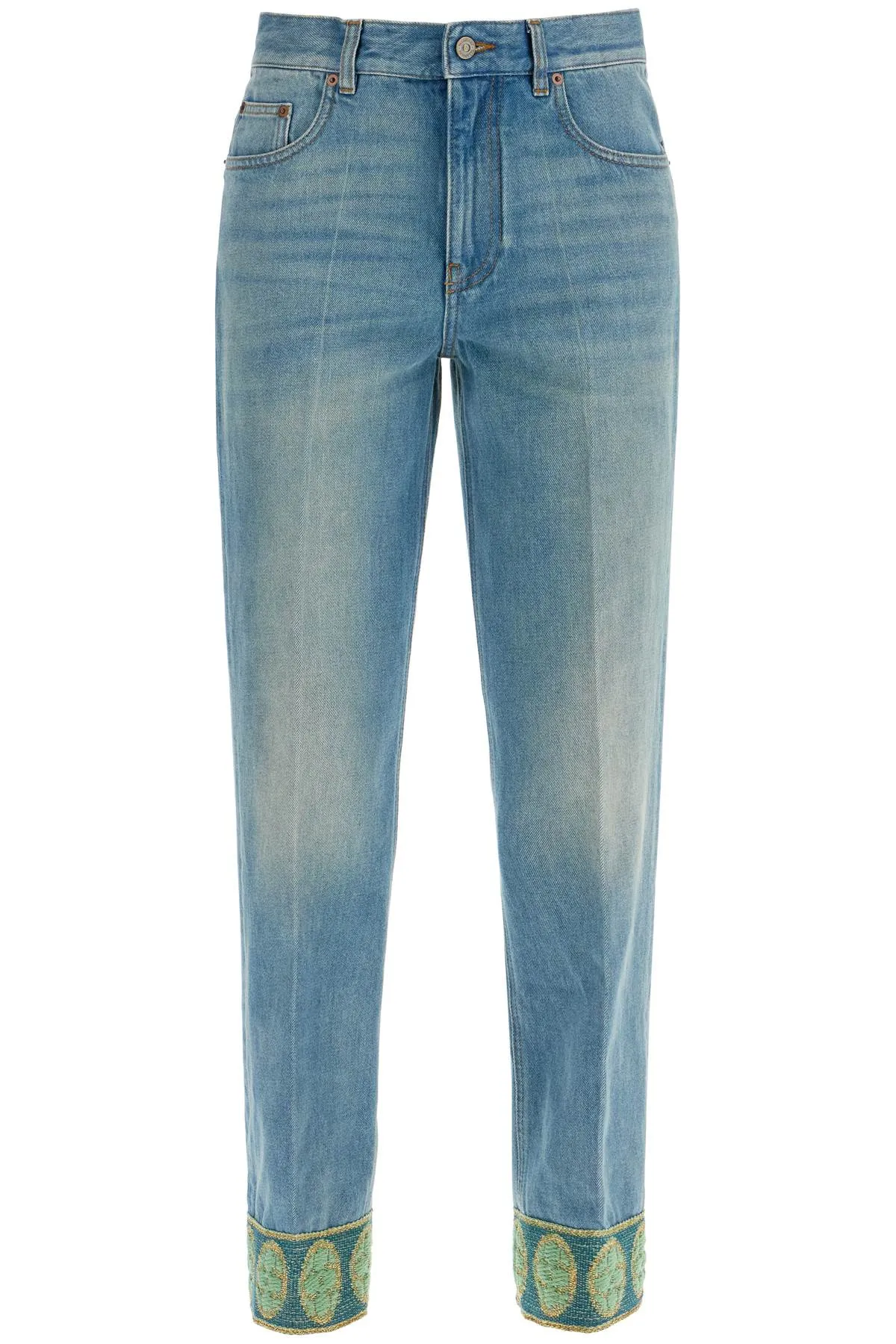 Valentino Garavani Medium Blue Jeans With Green Embroidery, Straight Leg, High Waist