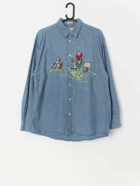 Vintage Mise Au Green denim shirt with embroidered golf theme – Medium