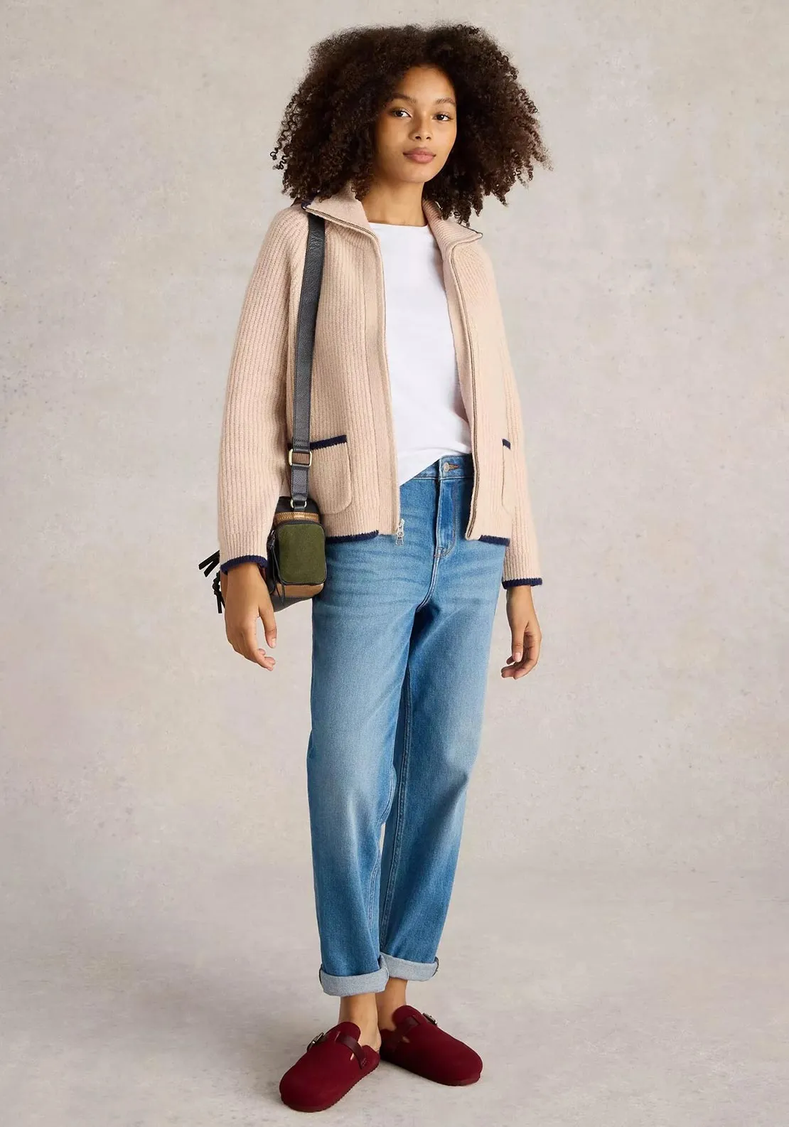 White Stuff Betty Zipped Short Cardigan, Beige