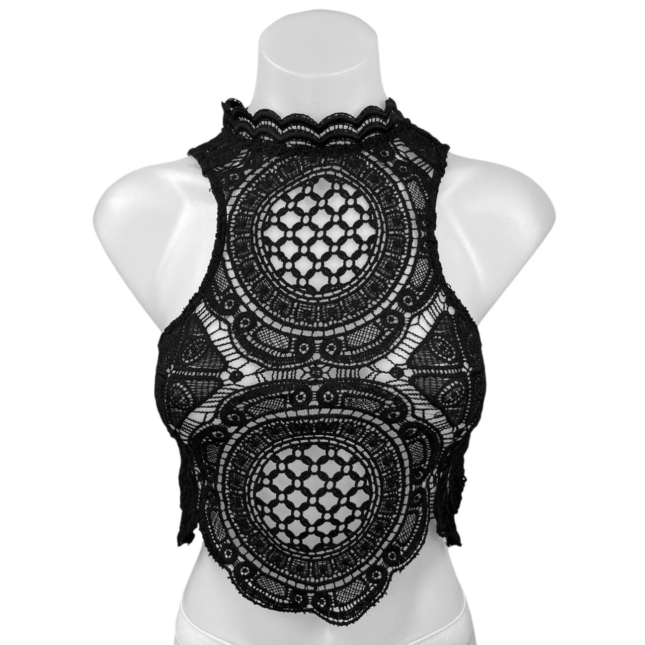 Windsor Black Crochet Open Knit High Neck Zip Sleeveless Crop Tank Top Size S