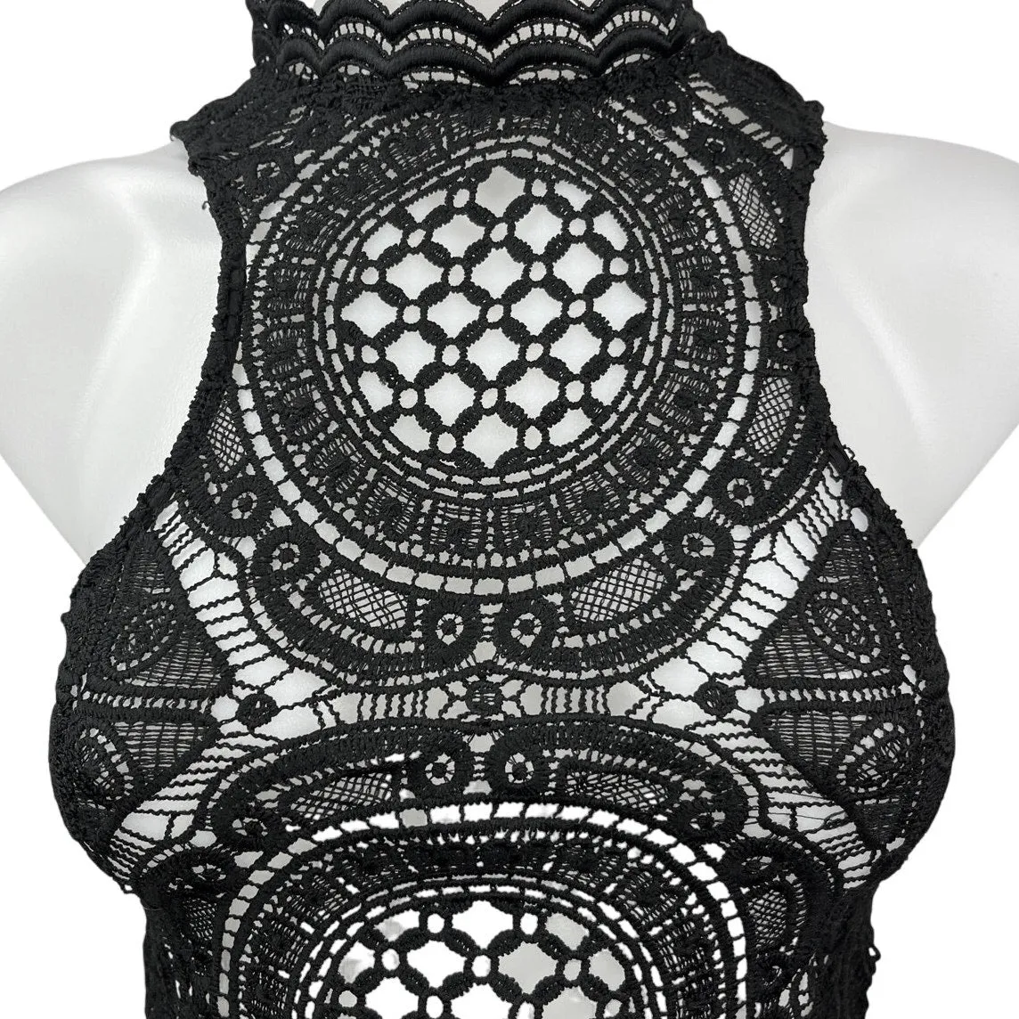 Windsor Black Crochet Open Knit High Neck Zip Sleeveless Crop Tank Top Size S