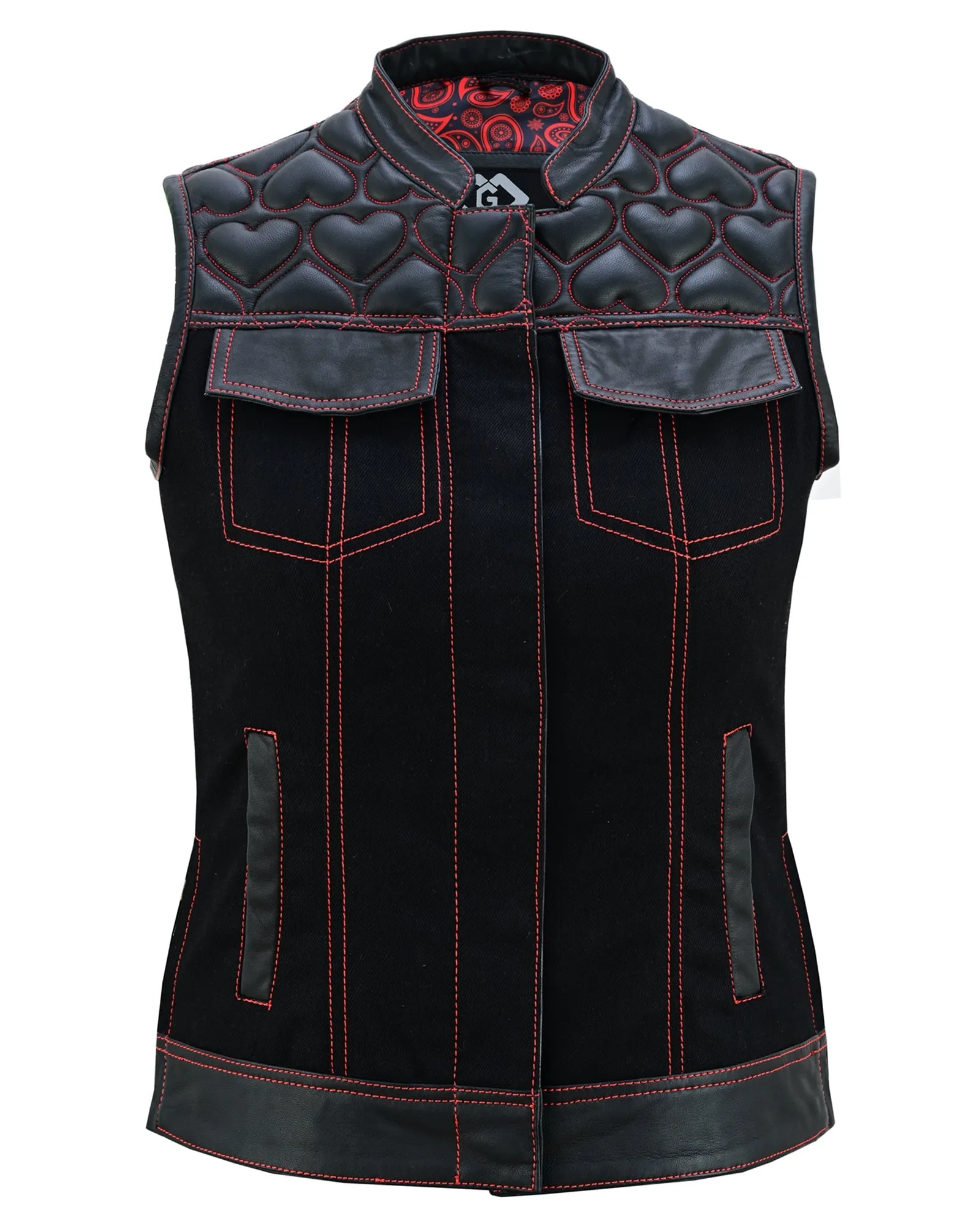 Womens Black Leather & Denim Biker Vest with Hearts and Red Stitching