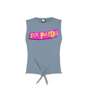 Womens/ladies driver sex pistols logo sleeveless crop top strange blue Amplified