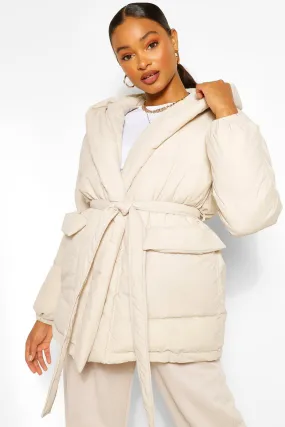 Wrap Detail Belted Hooded Puffer Jacket