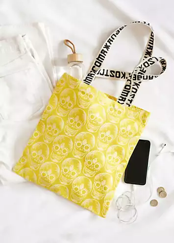 Xander Kostroma 100% Cotton Canvas Sunshine Yellow Skull Print Tote Bag | Grattan