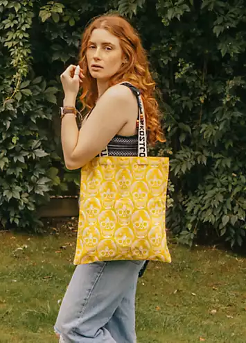 Xander Kostroma 100% Cotton Canvas Sunshine Yellow Skull Print Tote Bag | Grattan