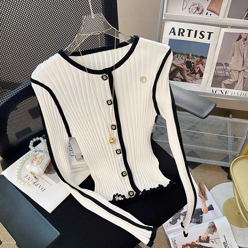 Xiaoxiangfeng round neck color-blocked single-breasted long-sleeved sweater for women 2023 autumn new slim slimming top V1139