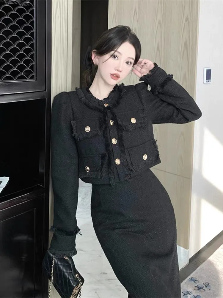 Xiaoxiangfeng suit for women in autumn new long-sleeved tassel cardigan jacket + high waist hip skirt two-piece trendy set (A999