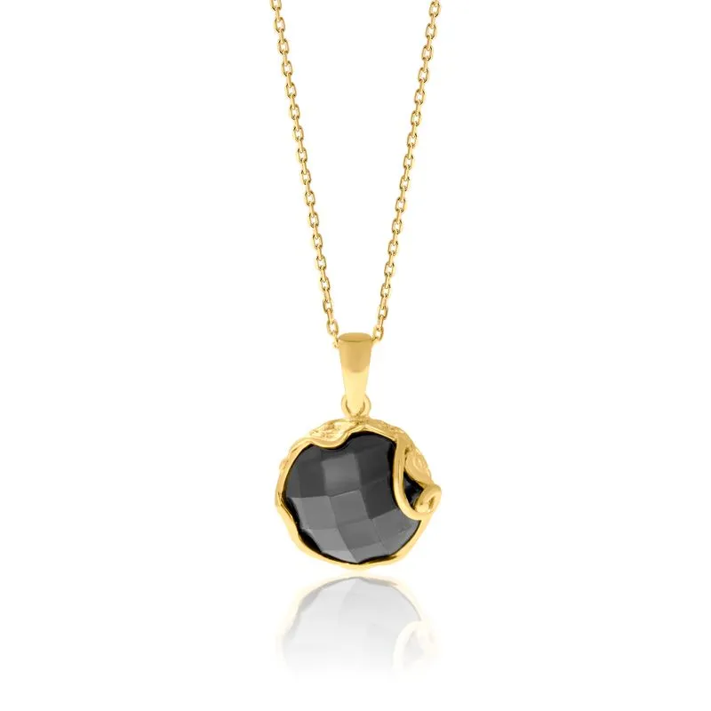 Yellow Gold Plated Round Black Cubic Zirconia 14mm Pendant