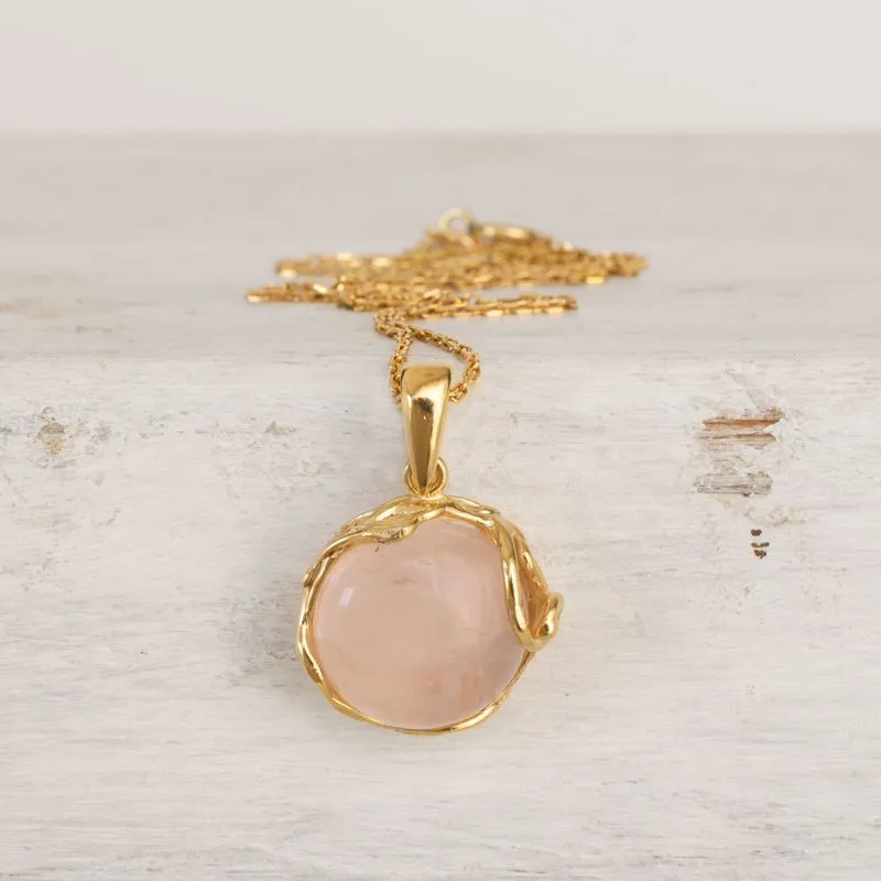 Yellow Gold Plated Round Pink Rose Quartz 14mm Pendant