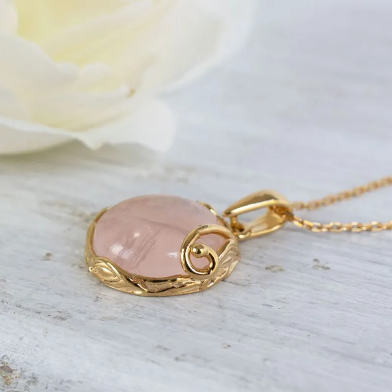 Yellow Gold Plated Round Pink Rose Quartz 14mm Pendant