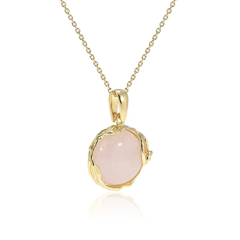 Yellow Gold Plated Round Pink Rose Quartz 14mm Pendant