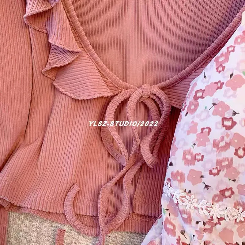 YLSZ Customized ~ Tipsy Macchiato ~ Fungus-edged knitted cardigan pink short long sleeves + floral suspender skirt (D118)