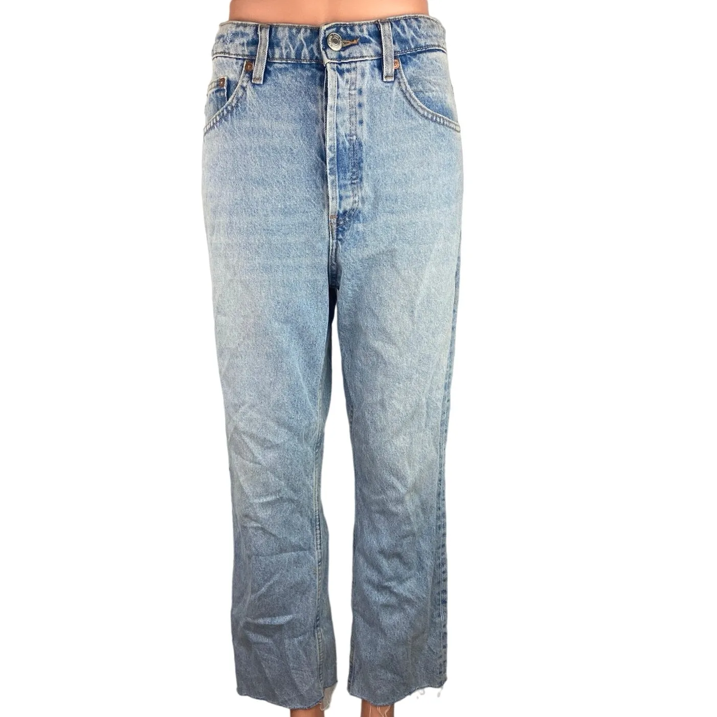 Zara Blue Light Wash High Rise Denim 100% Cotton Ankle Wide Leg Jeans Size 8