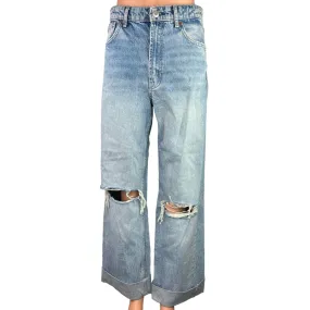 Zara Light Wash Cuffed Distressed Ripped Knee High Rise Wide Leg Denim Jeans 6