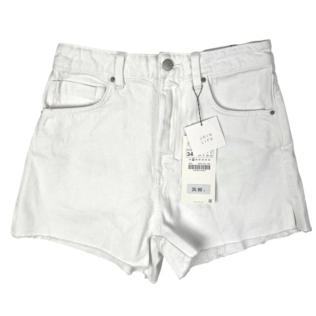 ZARA NWT Womens White Denim High Rise Rigid Cut Off Hem Mini Jeans Shorts Size 2