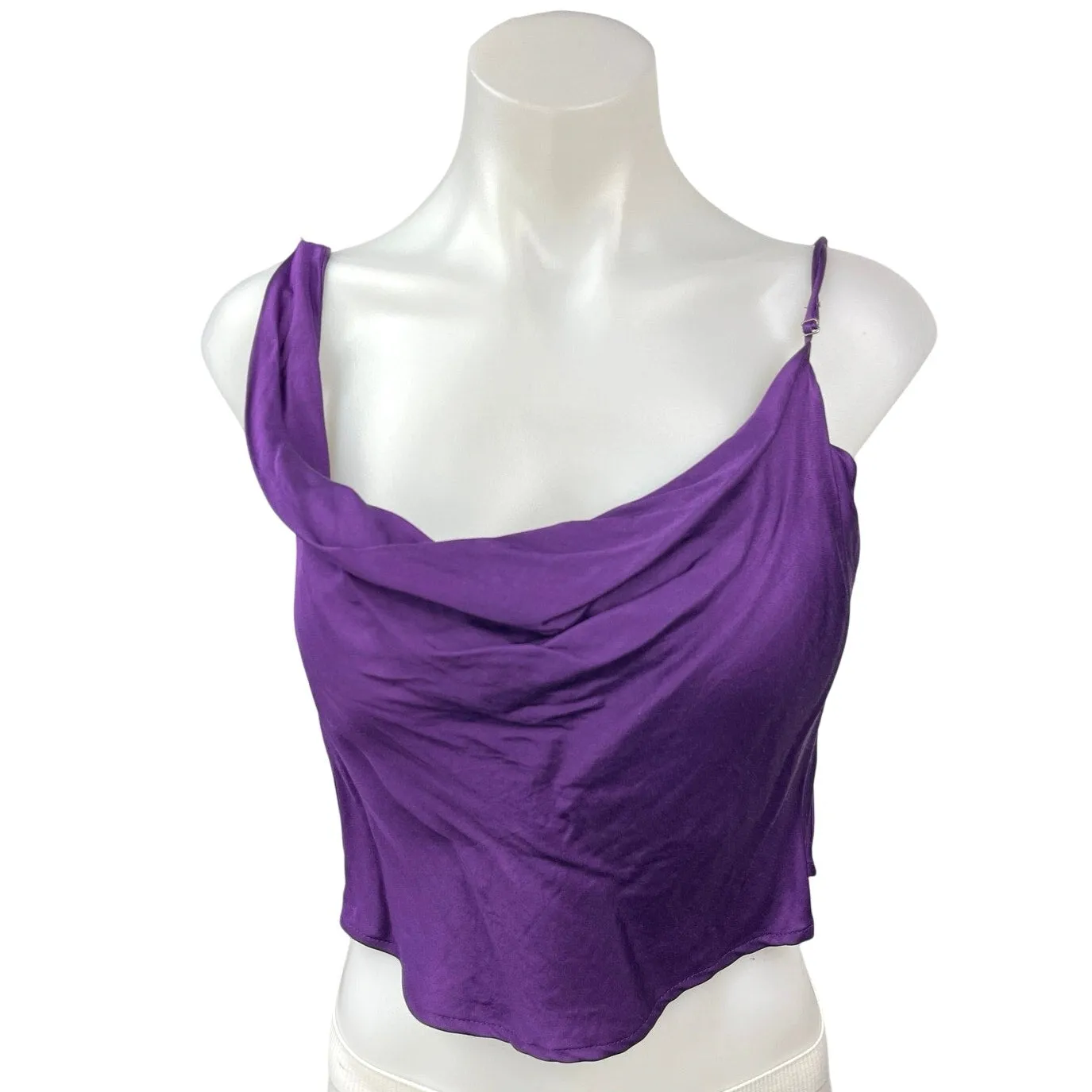 Zara Purple Silk Satin Cowl Neck Drapey Sleeveless Cami Blouse Crop Top Size S