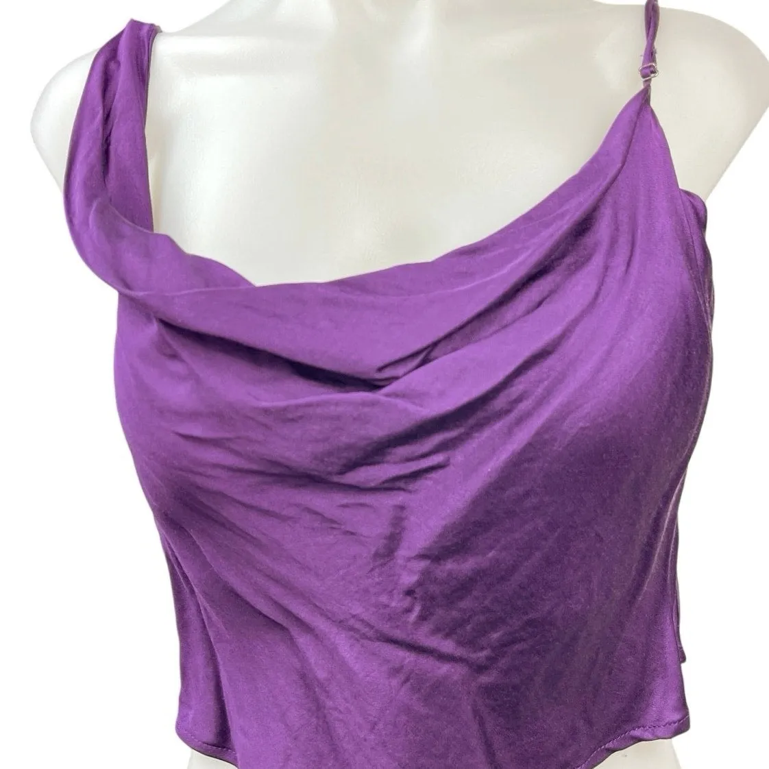 Zara Purple Silk Satin Cowl Neck Drapey Sleeveless Cami Blouse Crop Top Size S