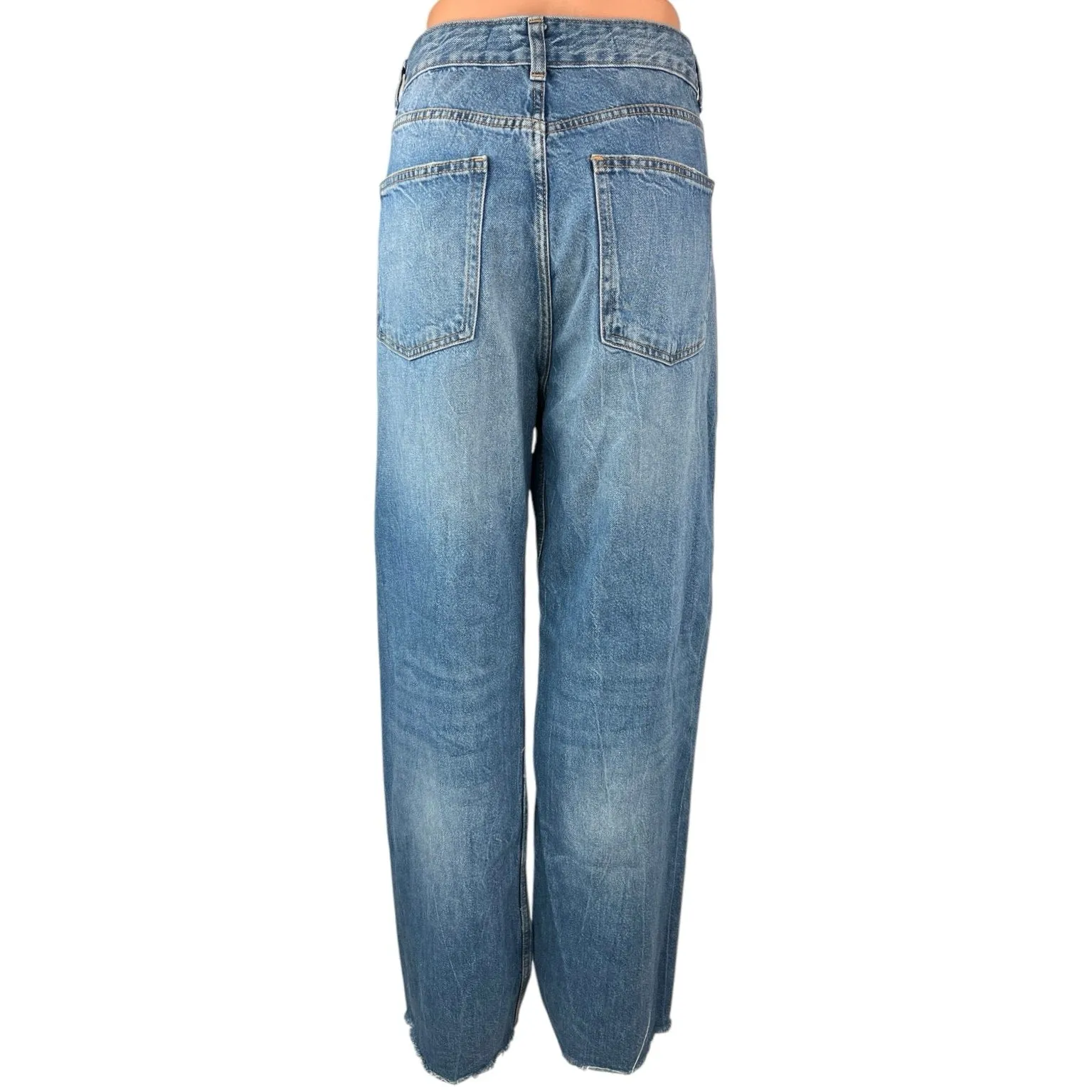 Zara Women's Blue Medium Wash Denim Wide Leg High Waist Frayed Hem Jeans Sz 12